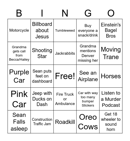 Colorado Trip Bingo Card