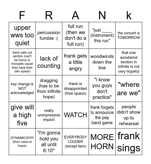 REHEARSAL BINGO Card