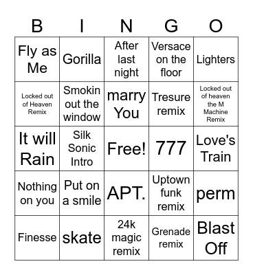 Bruno Mars Music Bingo R2 Bingo Card