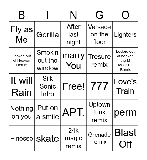 Bruno Mars Music Bingo R2 Bingo Card