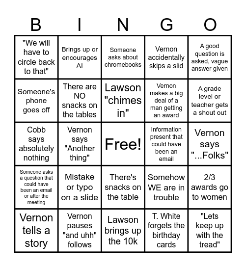 Staff Meeting Bingo Card
