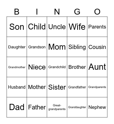 the family Bingo Card