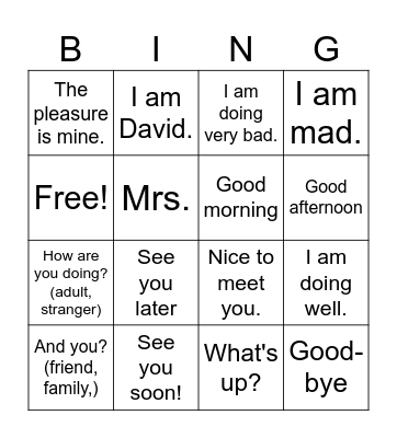 Greetings Bingo Card