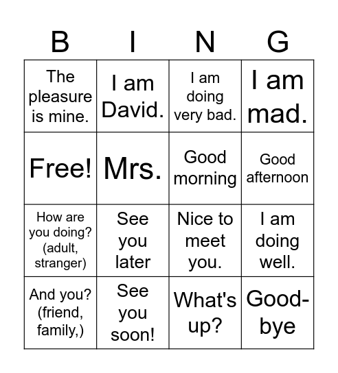 Greetings Bingo Card