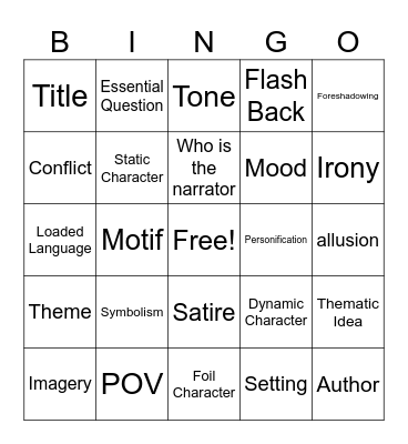 Literary Elements Hunt Bingo Card