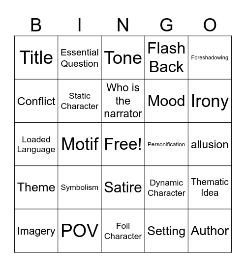 Literary Elements Hunt Bingo Card