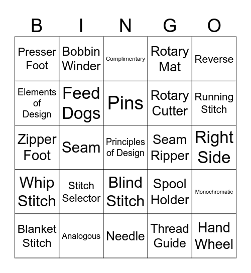 Fashion and Sewing Final Review Bingo Card