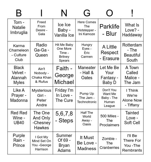 Our House 80s/90s Musical Bingo Card