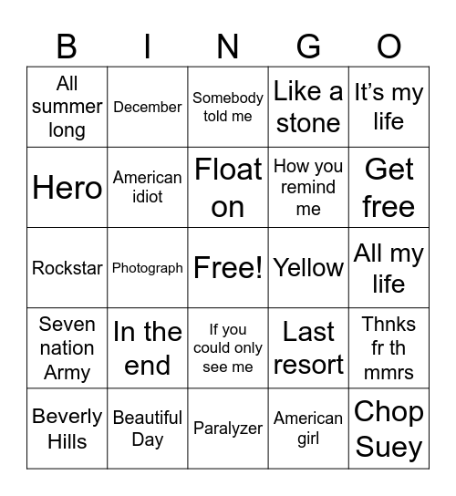 Divorced Dad Rock Bingo Card