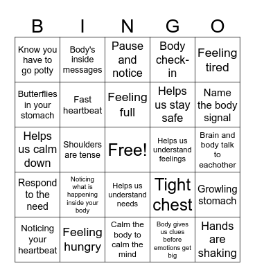 Interoception Bingo Card