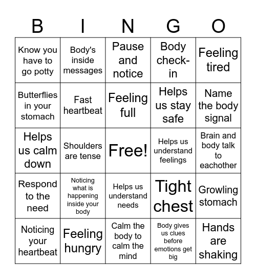 Interoception Bingo Card