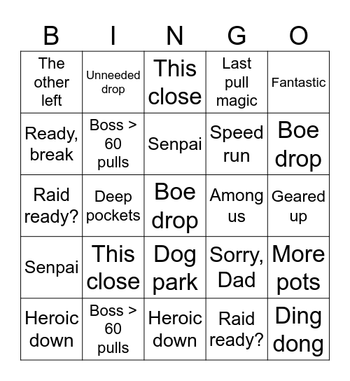 Heroic Raid Bingo Card