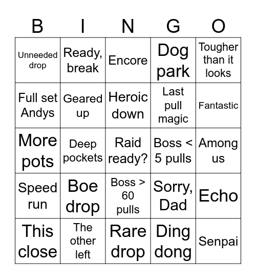 Heroic Raid Bingo Card