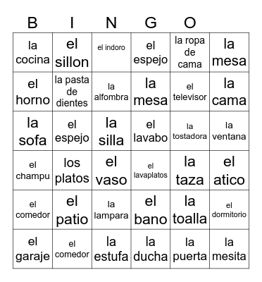 Partes de la casa Bingo Card