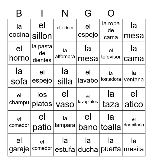 Partes de la casa Bingo Card