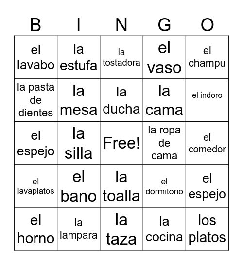 Partes del bano y la casa Bingo Card