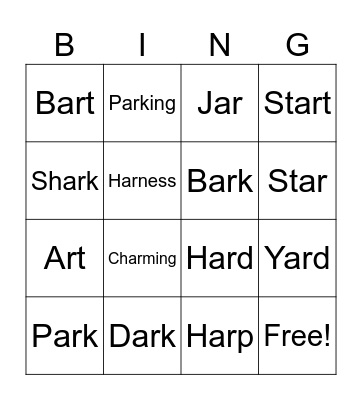 Medial "ar" Words Bingo Card