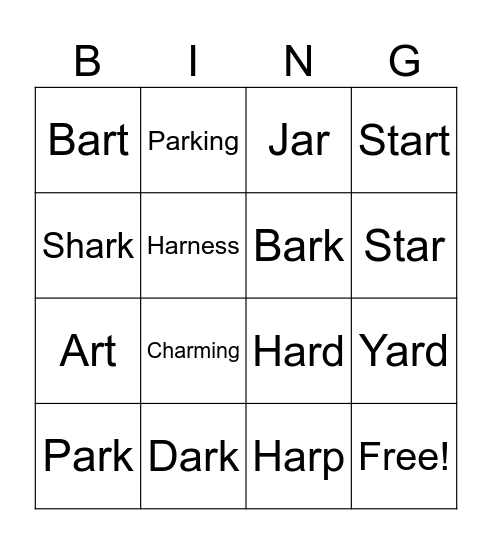 Medial "ar" Words Bingo Card