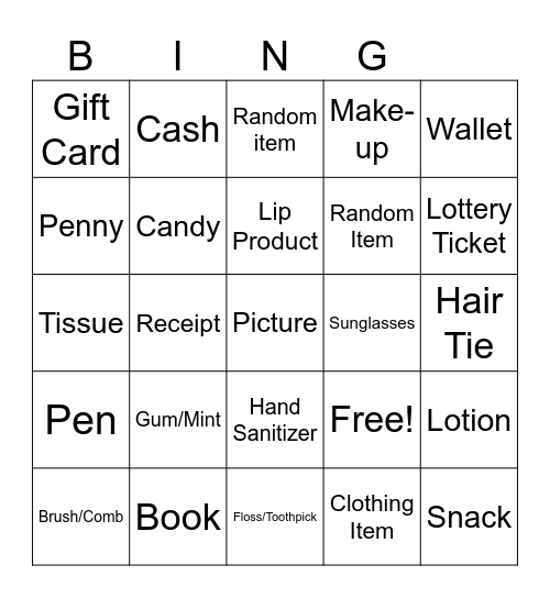 What's In My Bag Bingo Card