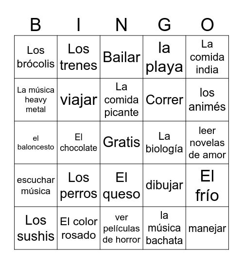Bingo de los gustos Bingo Card