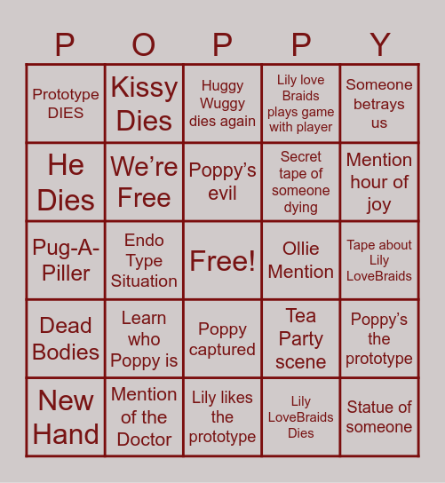 Poppy Playtime Chapter 5 Bingo Card