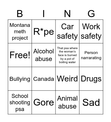 Psa (public service announcement) bingo Card