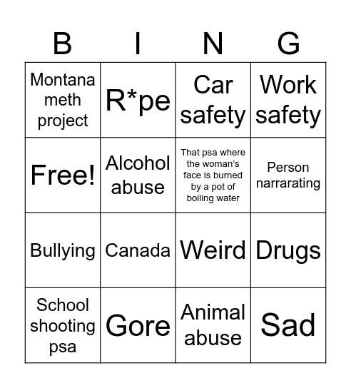 Psa (public service announcement) bingo Card