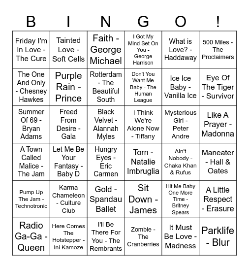 Our House 80s/90s Musical Bingo Card