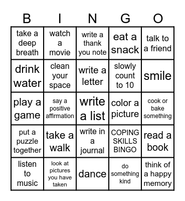 Coping Skills Bingo Card