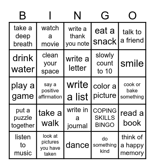 Coping Skills Bingo Card