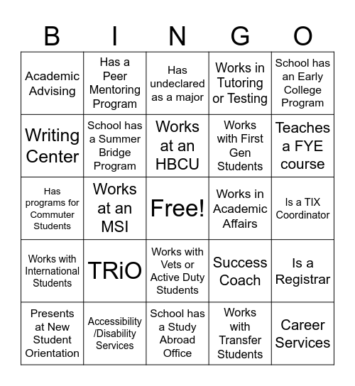Student Success BINGO Card