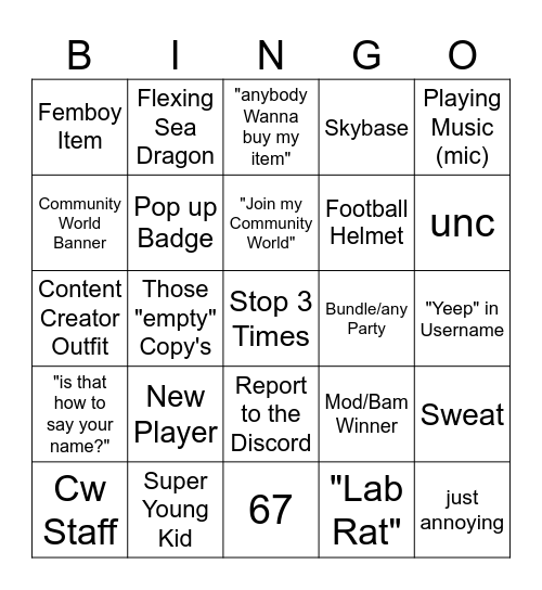 Yeeps Bingo Card