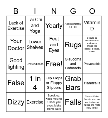 Fall Prevention Bingo Card