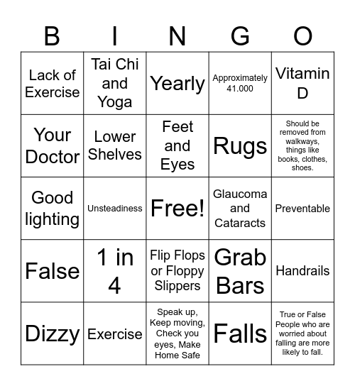 Fall Prevention Bingo Card
