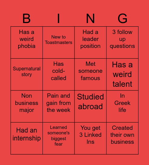 Toastmasters Networking Bingo Card