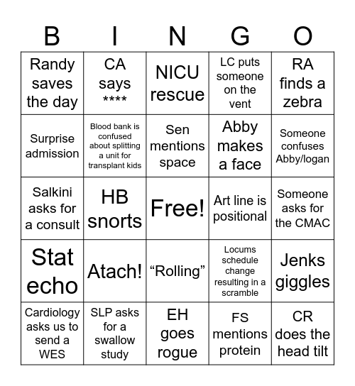 CICU APP Bingo Card