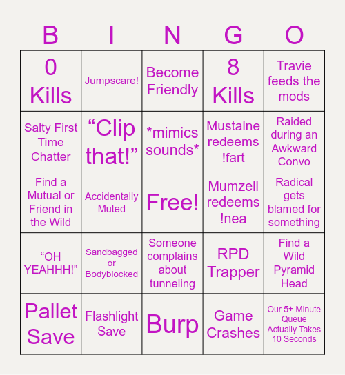 DBD Stream Bingo Card