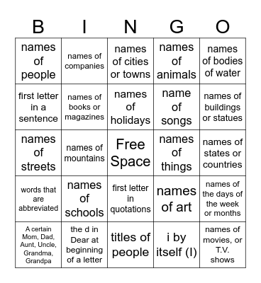 Capitalization Bingo Card