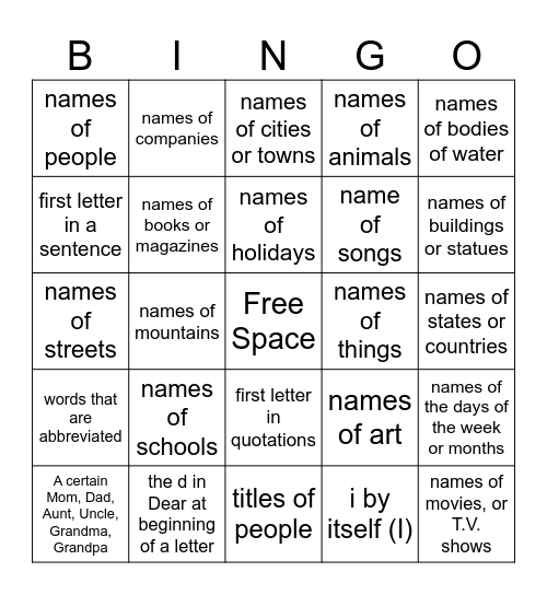 Capitalization Bingo Card