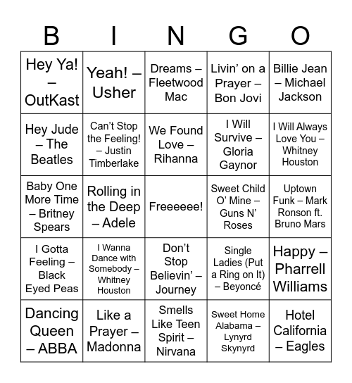 Super Hits Bingo! Bingo Card
