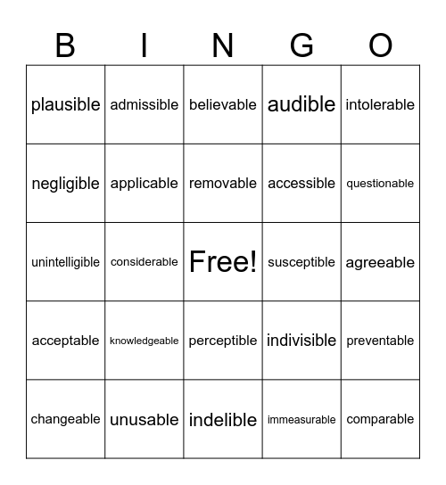 -ible, -able Bingo Card