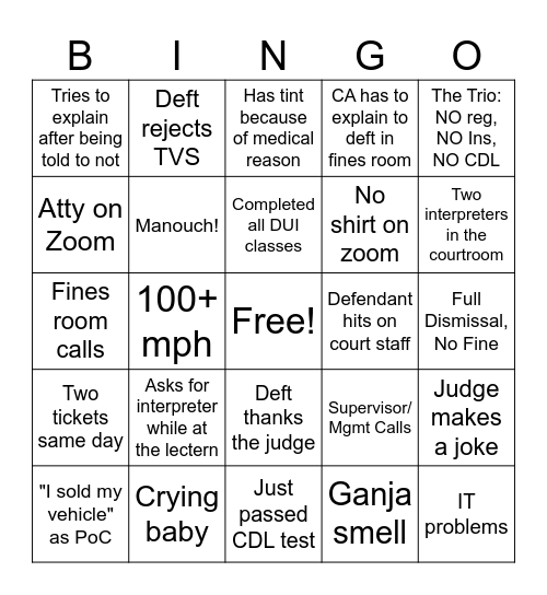 CMJC Traffic Arraignments Bingo Card