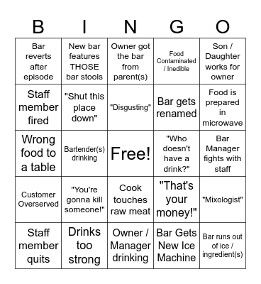 Bar Rescue Bingo Card