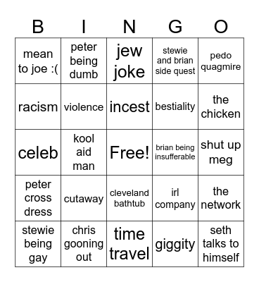 family guy Bingo Card