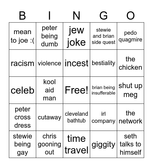 family guy Bingo Card