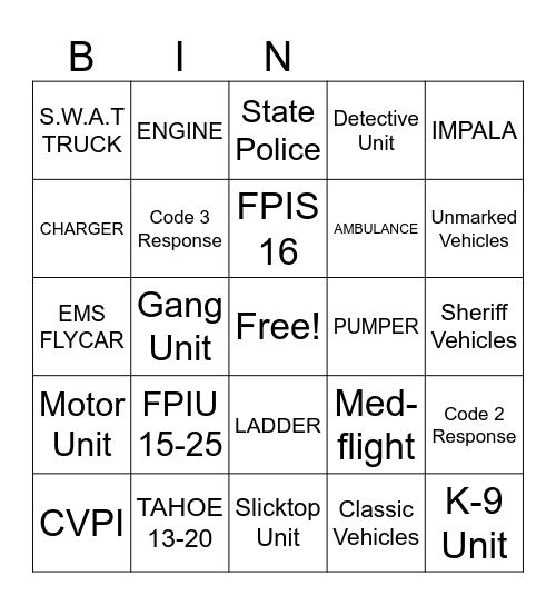 Cop Car Bingo Card