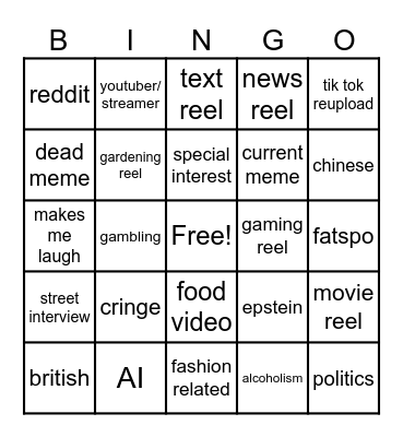 Instagram reel bingo Card