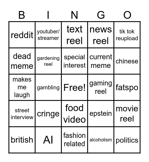 Instagram reel bingo Card