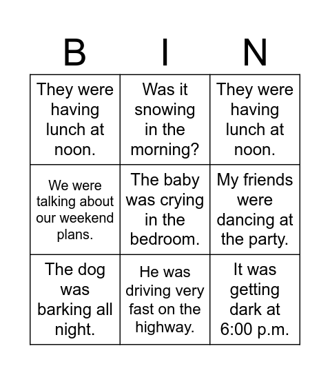 PAST CONTINUOUS Bingo Card
