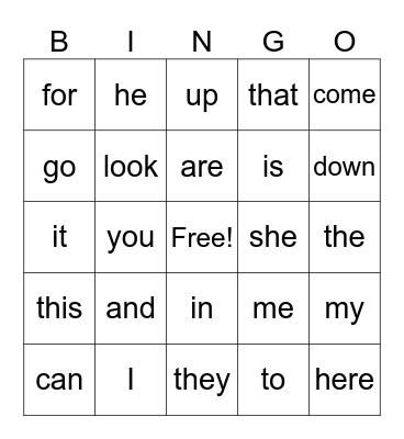 Sight Words Bingo Card